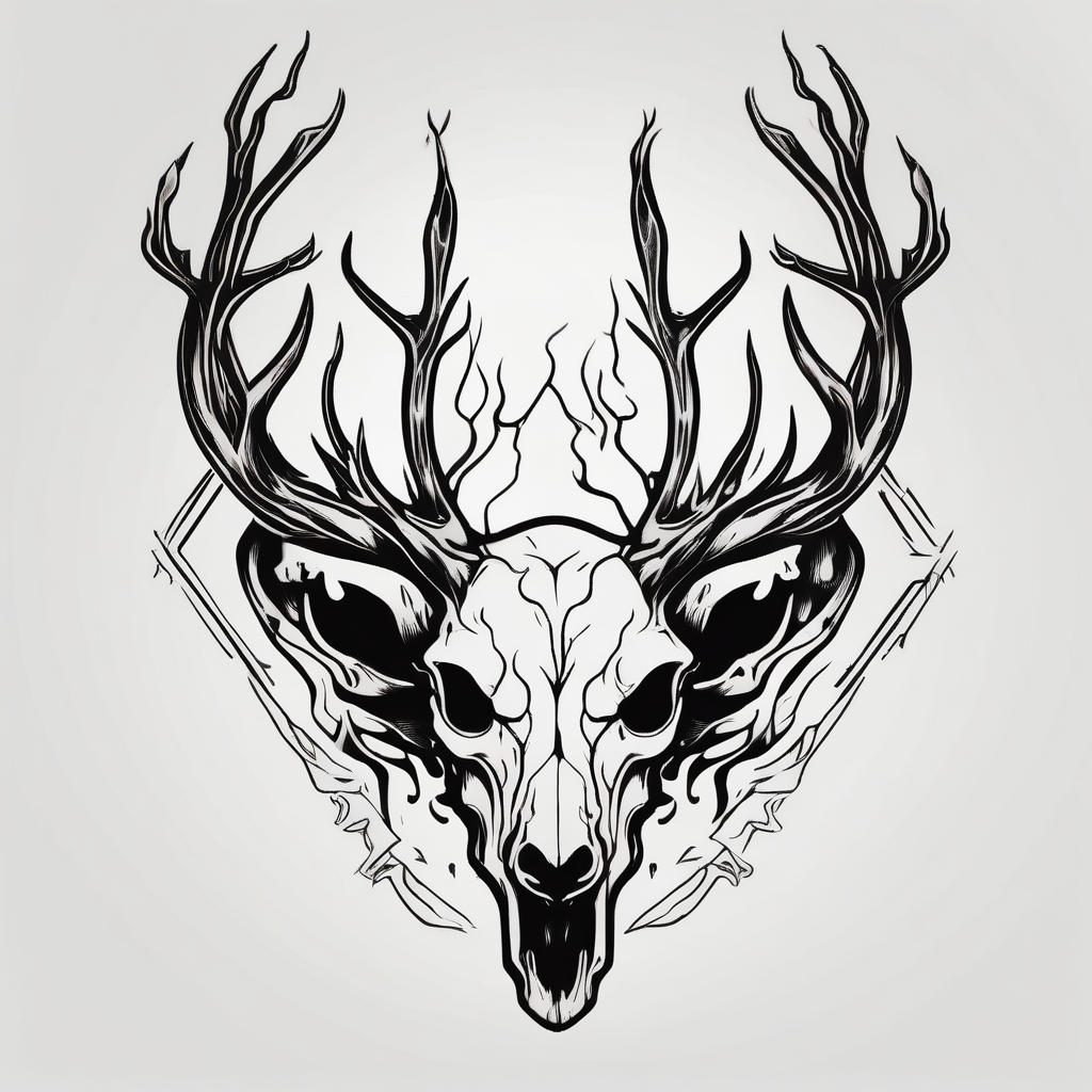 A scary wendigo with a decayed deer skull head with flames behind in a forest skull-ideas(AIが生成したミニマルスタイルのタトゥーデザイン)
