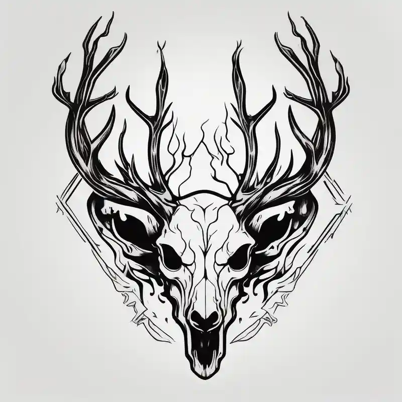 A scary wendigo with a decayed deer skull head with flames behind in a forest