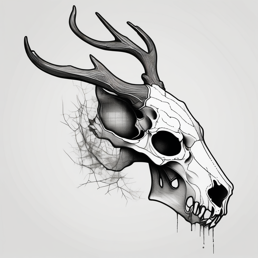A side profile of decayed deer skull head in a forest fire skull-ideas(AIが生成したミニマルスタイルのタトゥーデザイン)