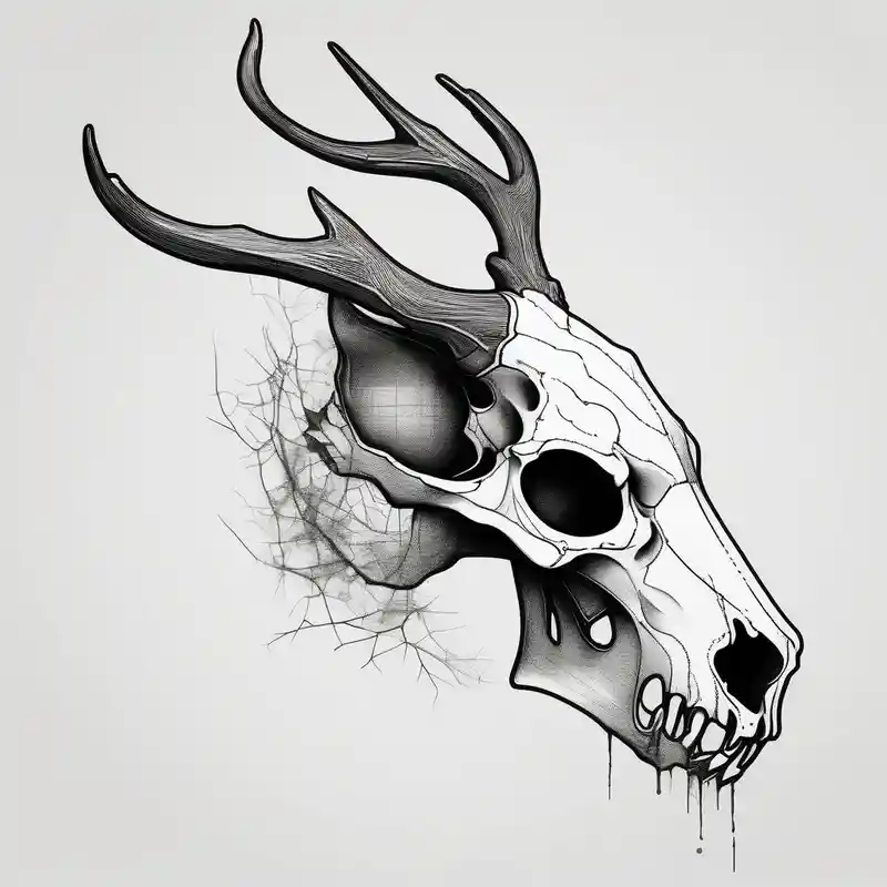 A side profile of decayed deer skull head in a forest fire