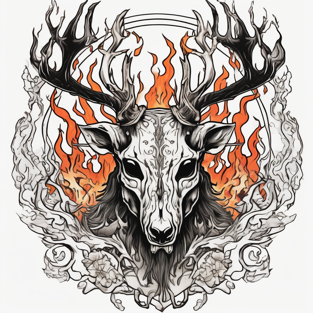 A scary wendigo with a decayed deer skull head with flames behind in a forest skull-ideas(AIが生成した和彫りスタイルのタトゥーデザイン)