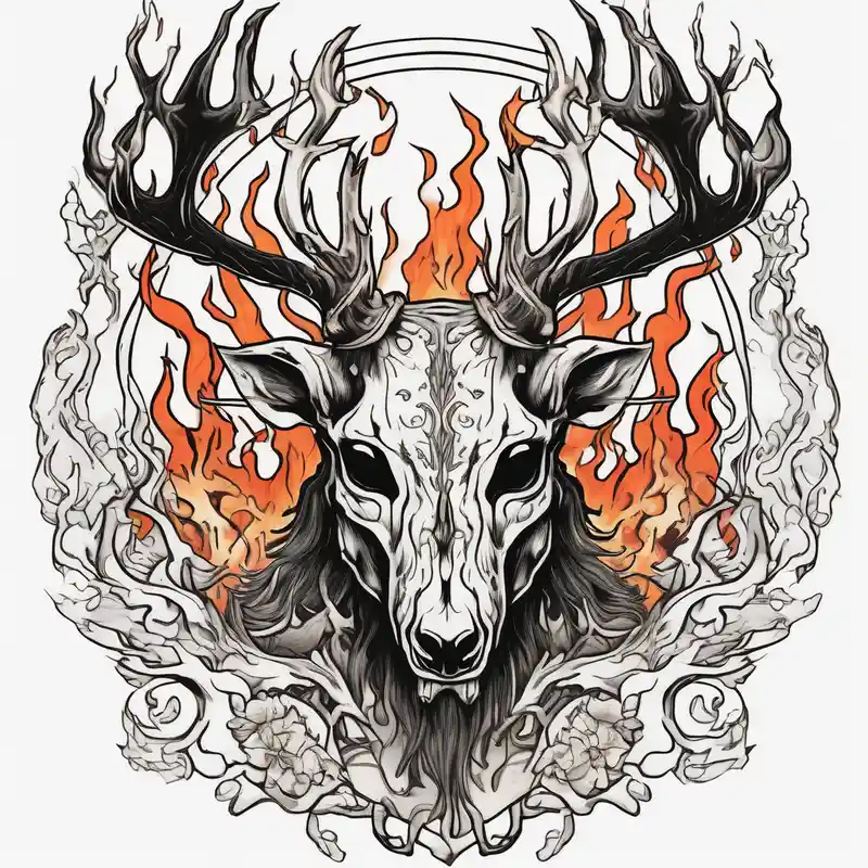 A scary wendigo with a decayed deer skull head with flames behind in a forest – 和彫り, 白黒