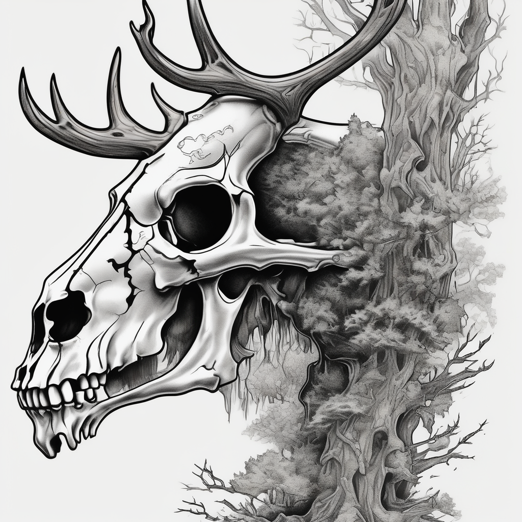 side profile of a DECAYING deer skull JUST BONE lore accurate surrounded by a flames and trees skull-ideas(AIが生成したオールドスクールスタイルのタトゥーデザイン)