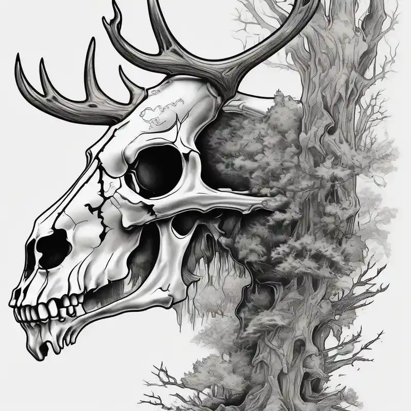 side profile of a DECAYING deer skull JUST BONE lore accurate surrounded by a flames and trees – オールドスクール, 白黒