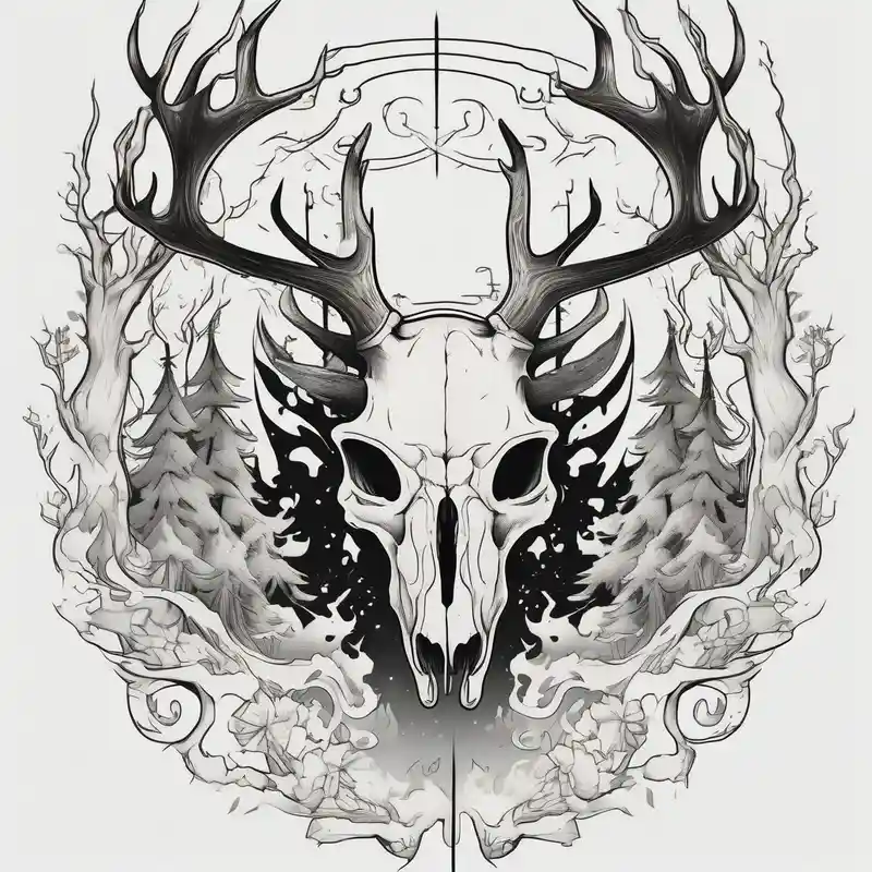side view of a standing on two legs deer humanoid skull JUST BONE surrounded by a flames and trees – Japonais, Noir et blanc