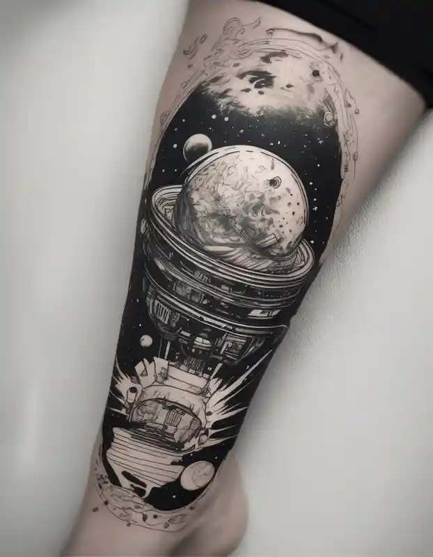 Outer space themed calf sleeve tattoo incorporating the quote, "Made for another world" in typewriter font – Boceto, Blanco y negro
