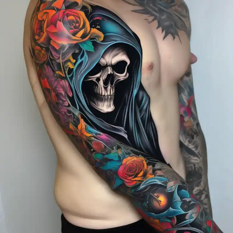Continue a sleeve for a grim reaper shoulder tattoo death theme full arm sleeve
