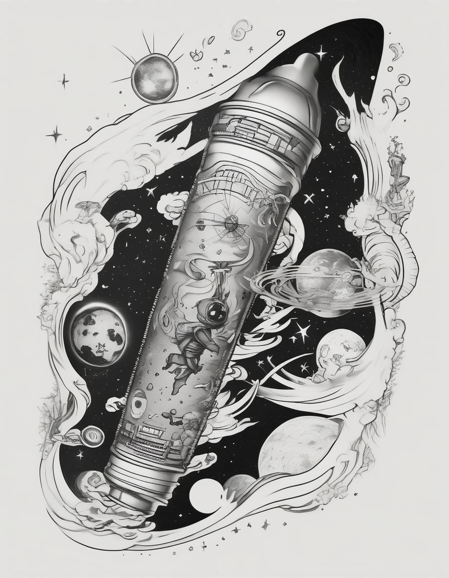 Outer space themed calf sleeve tattoo incorporating the quote, "Made for another world" in typewriter font sleeve-ideas, diseño de tatuaje Japonés generado con IA