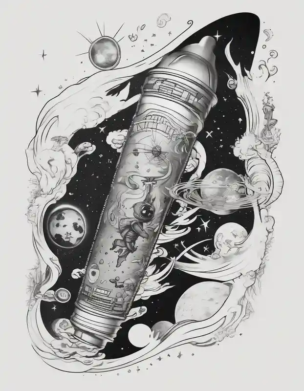Outer space themed calf sleeve tattoo incorporating the quote, "Made for another world" in typewriter font – Japonés, Blanco y negro