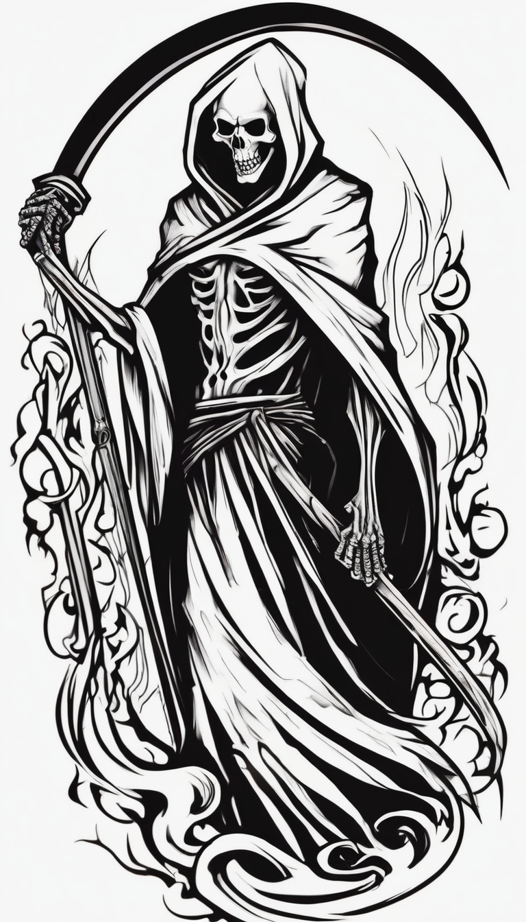 Continue a sleeve for a grim reaper shoulder tattoo death theme full arm sleeve sleeve-ideas, diseño de tatuaje Cartoon generado con IA