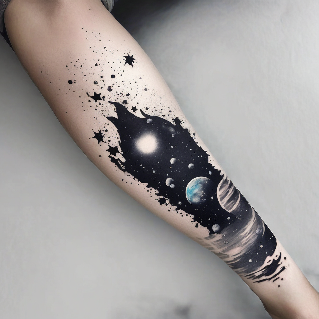 Outer space themed calf sleeve tattoo incorporating the quote, "Made for another world" in typewriter font sleeve-ideas, diseño de tatuaje Acuarela generado con IA