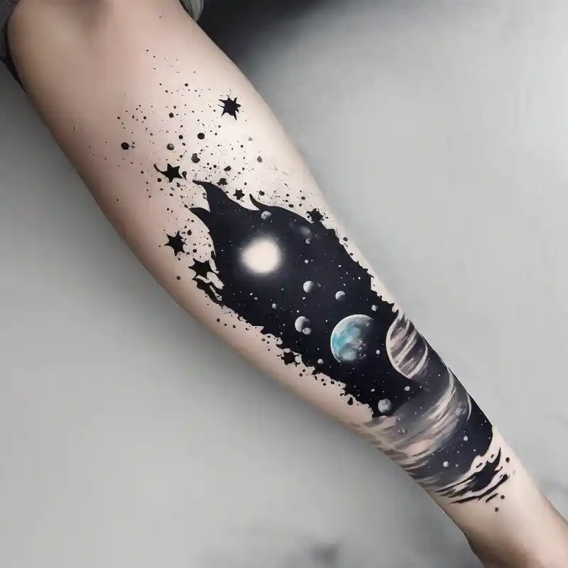 Outer space themed calf sleeve tattoo incorporating the quote, "Made for another world" in typewriter font