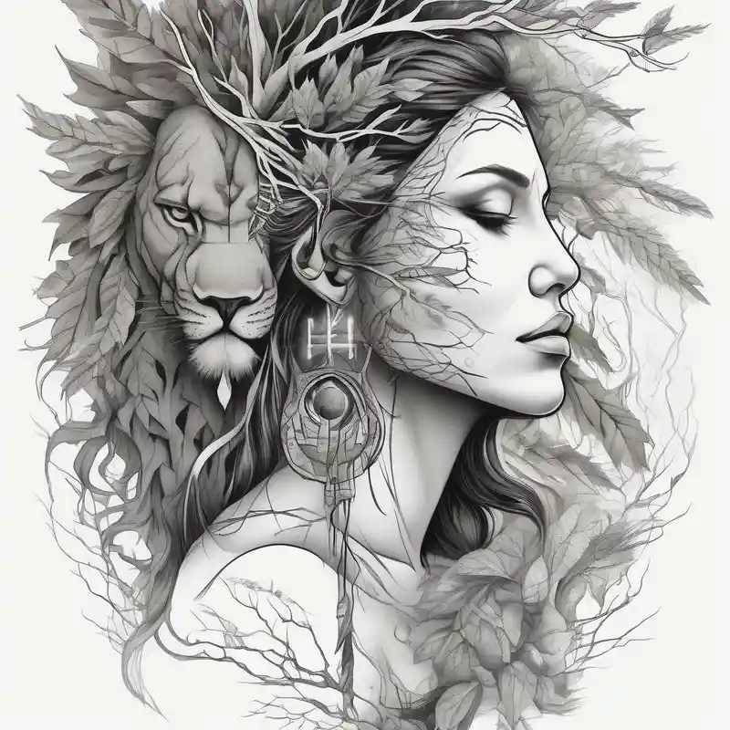 surreal style Sleeve Tattoo Ideas in 2025 & free generation about Native american Forest goddess looking down side profile tree branches forming into her face male lions head facing her as to protect her middle arm sleeve sleeve-ideas and Native american Forest goddess looking down side profile tree branches forming into her face male lions head facing her as to protect her middle arm sleeve sleeve-ideas