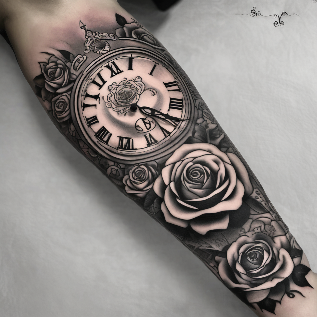 Clock with roses on shoulder/bicep going into roses with the word amor on forearm full sleeve sleeve-ideas, AI-generated Dotwork tattoo design