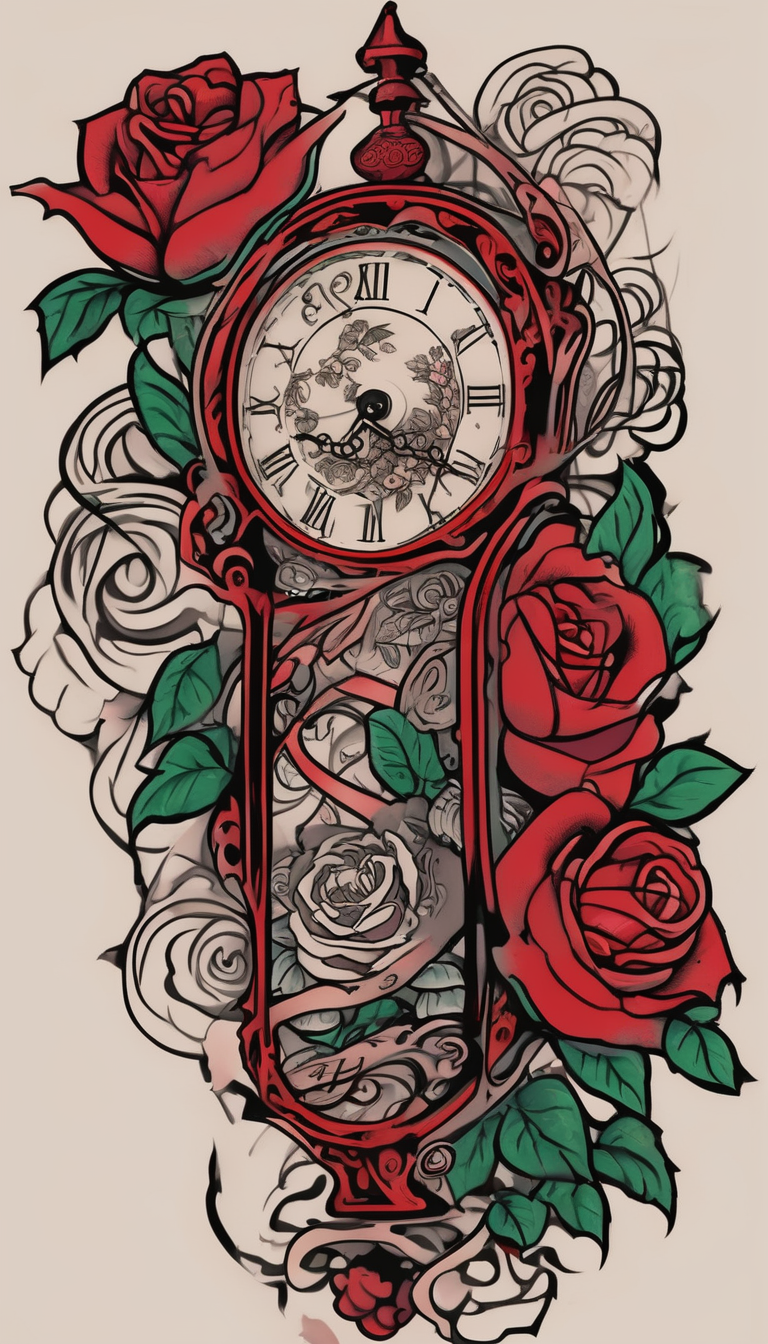 Clock with roses on shoulder/bicep going into roses with the word amor on forearm full sleeve sleeve-ideas, AI-generated Japanese tattoo design