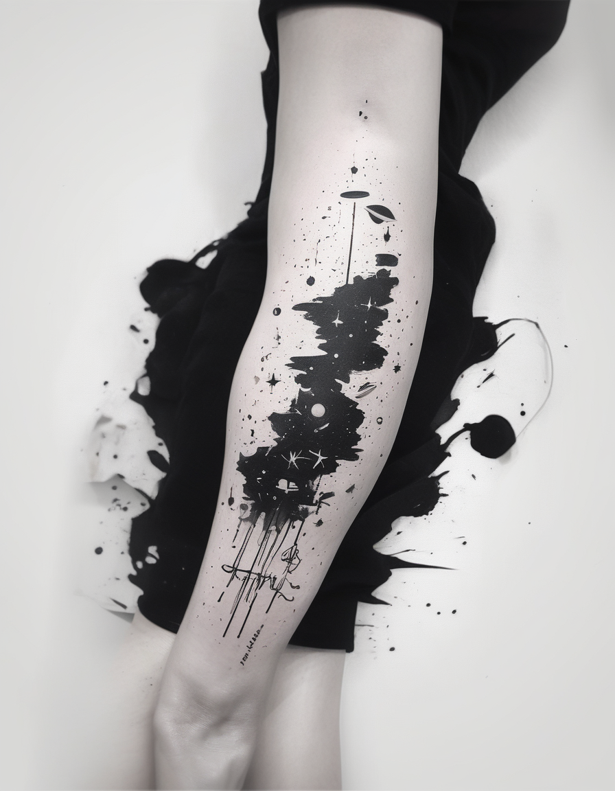 An outer space themed minimalist calf sleeve tattoo incorporating the quote, "Made for another world" in typewriter font sleeve-ideas, diseño de tatuaje Acuarela generado con IA