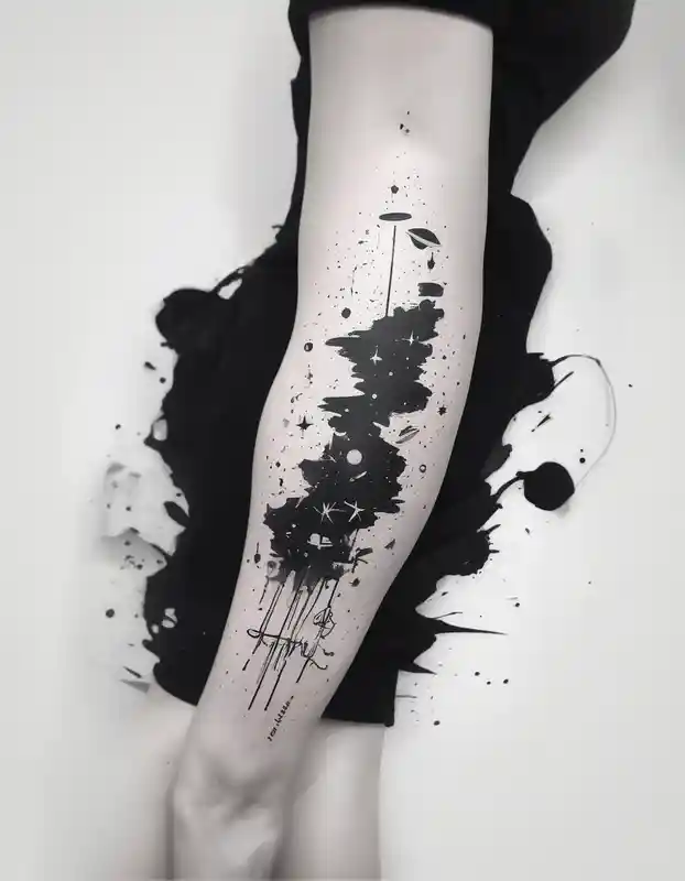 An outer space themed minimalist calf sleeve tattoo incorporating the quote, "Made for another world" in typewriter font – Acuarela, Blanco y negro