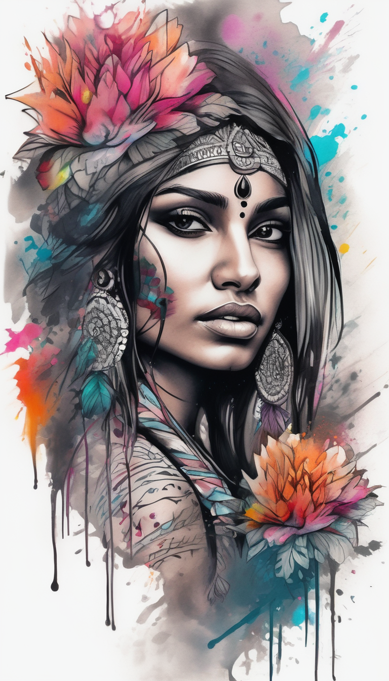 Please design a full sleeve tatto starting on my hand with a beautiful indian woman going up my arm will be her hair wrapping around my arm mixed with floral sleeve-ideas(AIが生成した水彩スタイルのタトゥーデザイン)