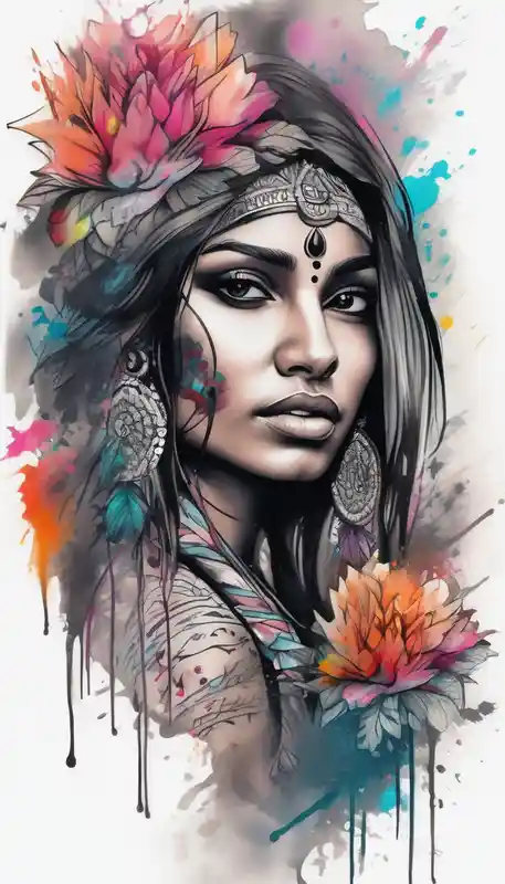 Please design a full sleeve tatto starting on my hand with a beautiful indian woman going up my arm will be her hair wrapping – 水彩, カラフル