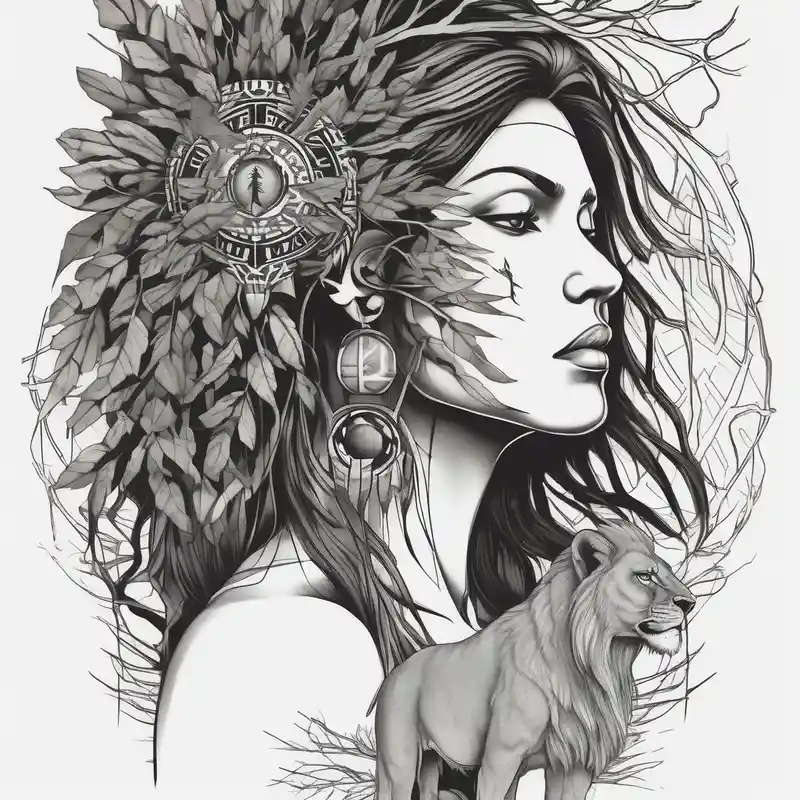 blackwork style Sleeve Tattoo Ideas in 2025 & free generation about Native american Forest goddess looking down side profile tree branches forming into her face male lions head facing her as to protect her middle arm sleeve sleeve-ideas and Native american Forest goddess looking down side profile tree branches forming into her face male lions head facing her as to protect her middle arm sleeve sleeve-ideas