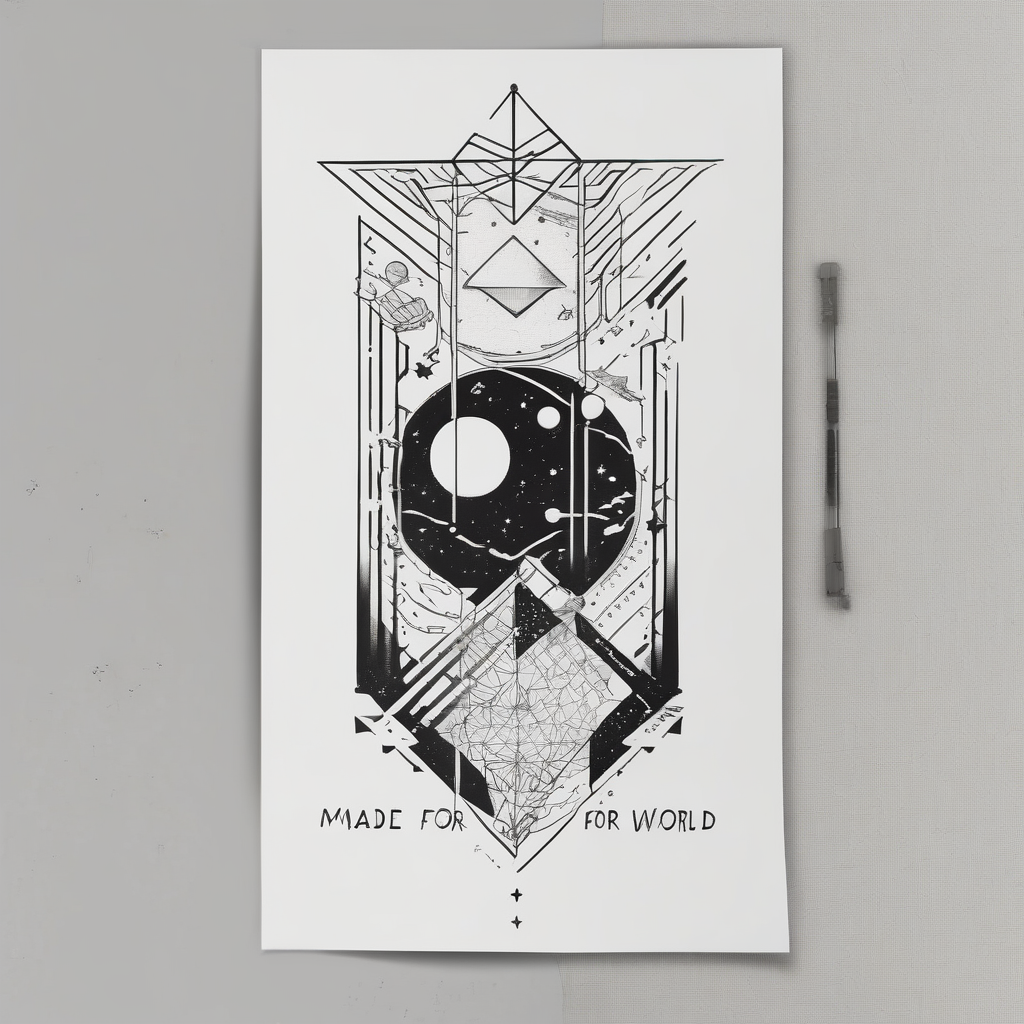 An outer space themed minimalist calf sleeve tattoo incorporating the quote, "Made for another world" in typewriter font sleeve-ideas, diseño de tatuaje Geométrico generado con IA