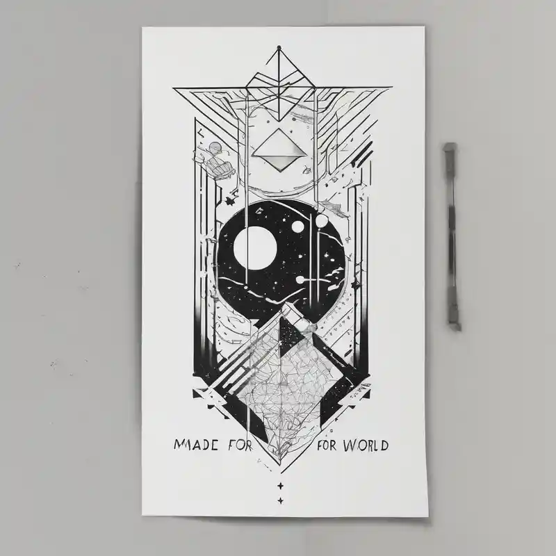 An outer space themed minimalist calf sleeve tattoo incorporating the quote, "Made for another world" in typewriter font – Geométrico, Blanco y negro