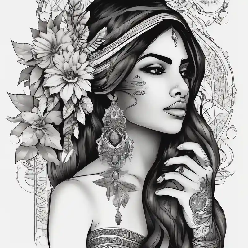 Please design a full sleeve tatto starting on my hand with a beautiful indian woman going up my arm will be her hair wrapping – シュルレアリスム, カラフル