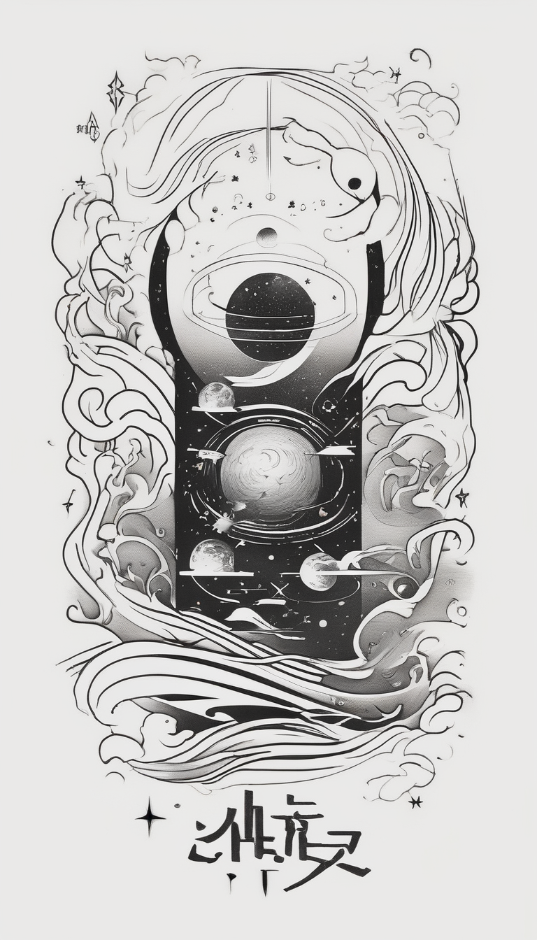 An outer space themed minimalist calf sleeve tattoo incorporating the quote, "Made for another world" in typewriter font sleeve-ideas, design de tatouage Japonais généré par IA