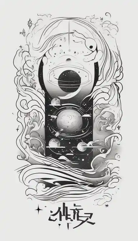 An outer space themed minimalist calf sleeve tattoo incorporating the quote, "Made for another world" in typewriter font