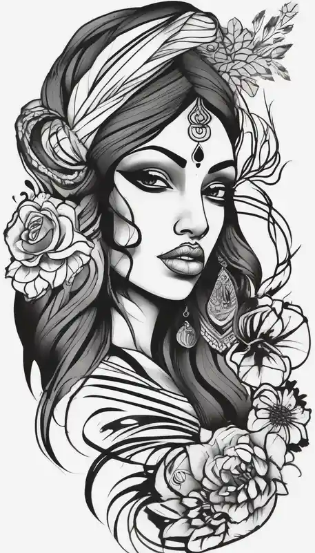 Please design a full sleeve tatto starting on my hand with a beautiful indian woman going up my arm will be her hair wrapping