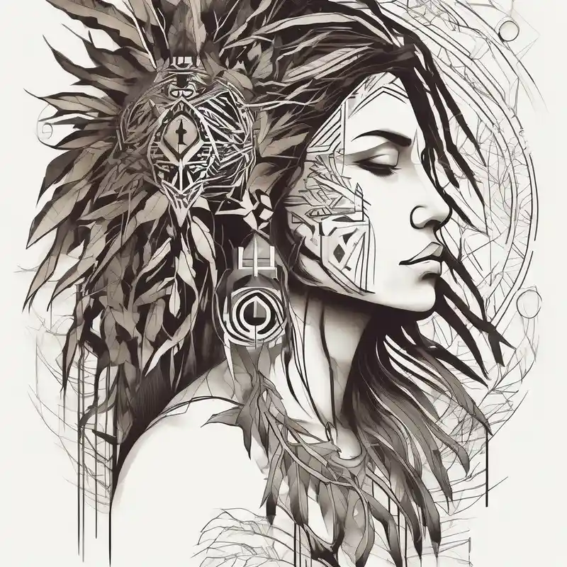 geometric style Sleeve Tattoo Ideas in 2025 & free generation about Native american Forest goddess looking down side profile tree branches forming into her face male lions head facing her as to protect her middle arm sleeve sleeve-ideas and Native american Forest goddess looking down side profile tree branches forming into her face male lions head facing her as to protect her middle arm sleeve sleeve-ideas