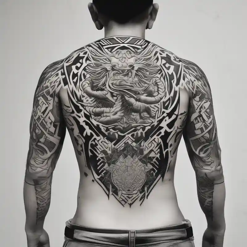 upper back tattoo that represent martial art – Blackwork, Vibrant color