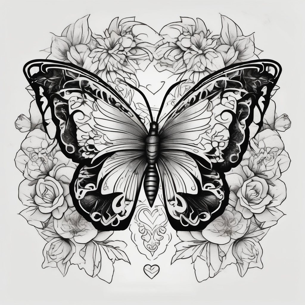 Butterfly with flowers and hearts sternum tattoo snake-tattoo-ideas-for-guys(AIが生成したブラックワークスタイルのタトゥーデザイン)