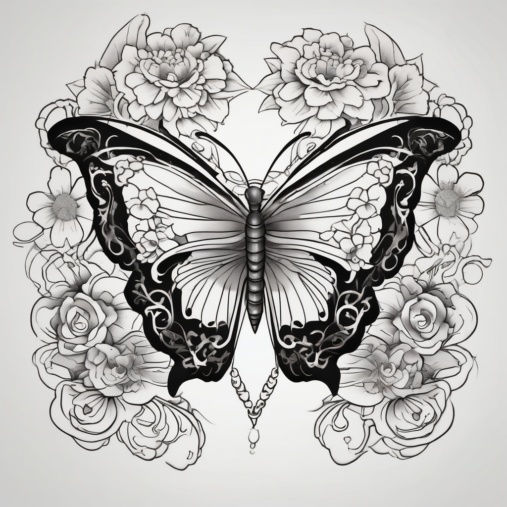 Butterfly with flowers and hearts sternum tattoo snake-tattoo-ideas-for-guys, design de tatouage Japonais généré par IA