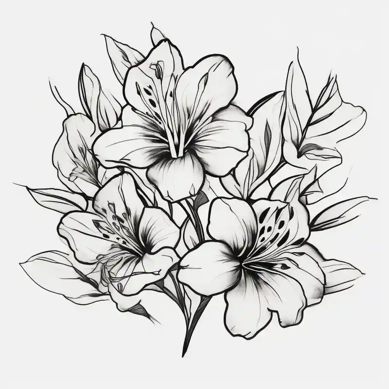 alstroemeria flowers surrrounded by greenary with powerful words some where in the tattoo more minimalist – Japanese, Black and white