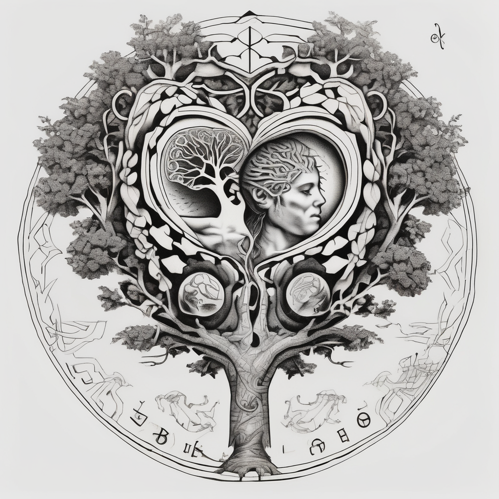 Micro realism tattoo design featuring the helix merging into the tree of life. With my zodiac sign libra holding the brain and heart on each side of the scale with the heart out weighing the brain snake-tattoo-ideas-for-guys, design de tatouage Géométrique généré par IA