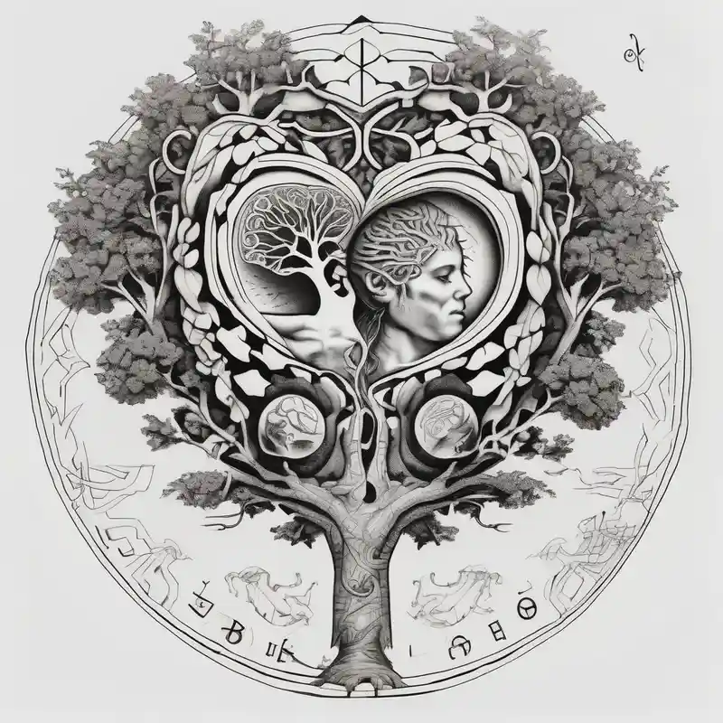 Micro realism tattoo design featuring the helix merging into the tree of life. With my zodiac sign libra holding the brain – Géométrique, Noir et blanc