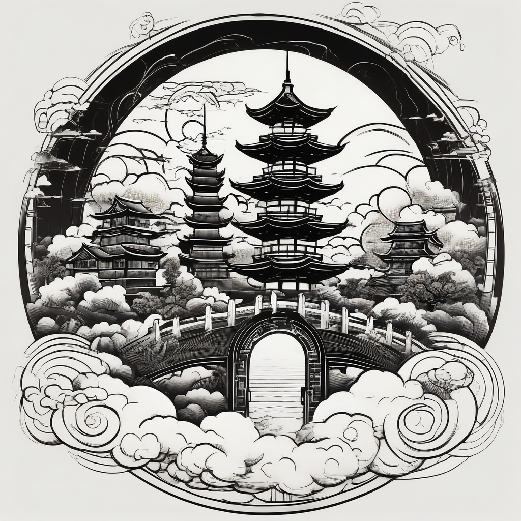 heaven summer town with tower houses gate entrance in circle transparent clouds vignette tattoo ink snake-tattoo-ideas-for-guys, AI-generated Japanese tattoo design