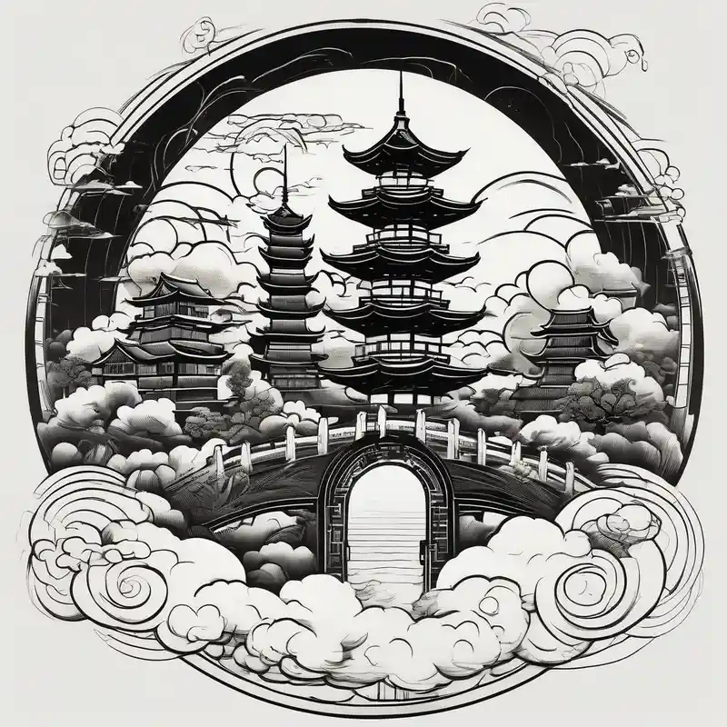 heaven summer town with tower houses gate entrance in circle transparent clouds vignette tattoo ink