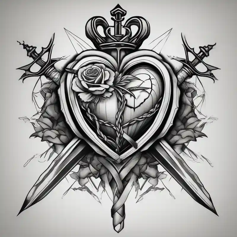 Sacred heart of marry with swords and Cancer ribbon chest tattoo – Blackwork, Black and white