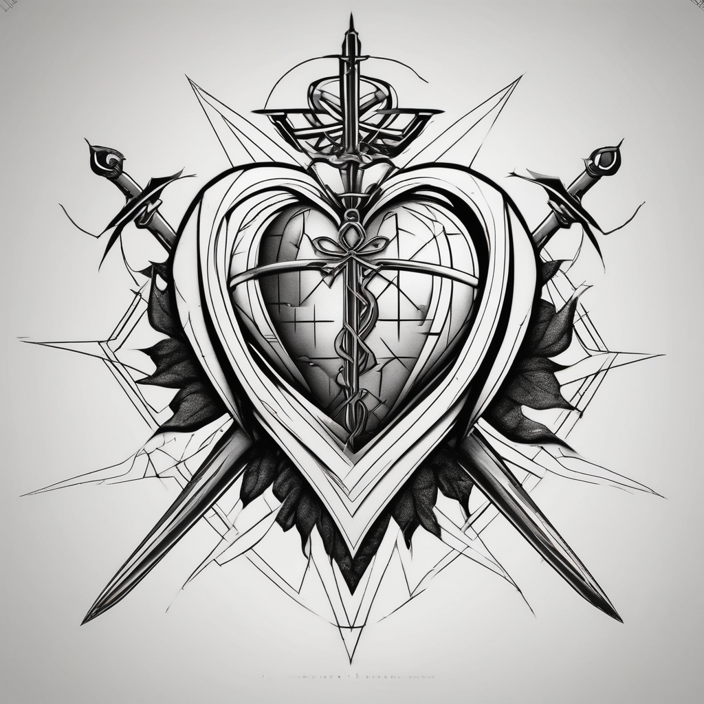 Sacred heart of marry with swords and Cancer ribbon chest tattoo snake-tattoo-ideas-for-guys, design de tatouage Géométrique généré par IA