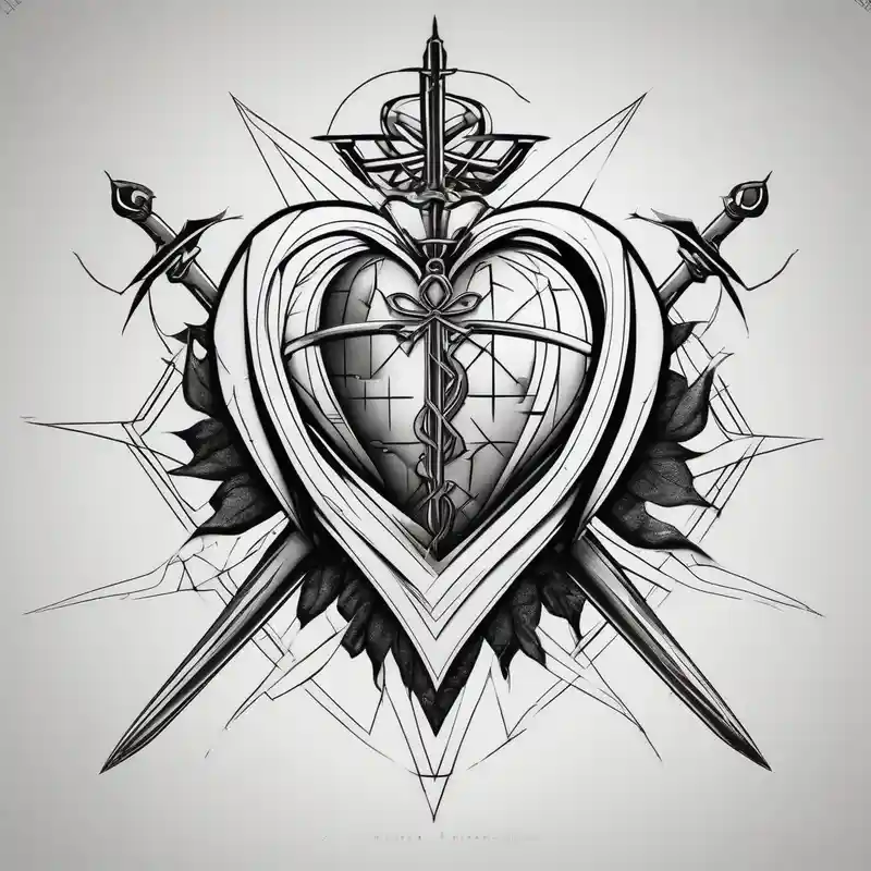 Sacred heart of marry with swords and Cancer ribbon chest tattoo – Geometric, Black and white