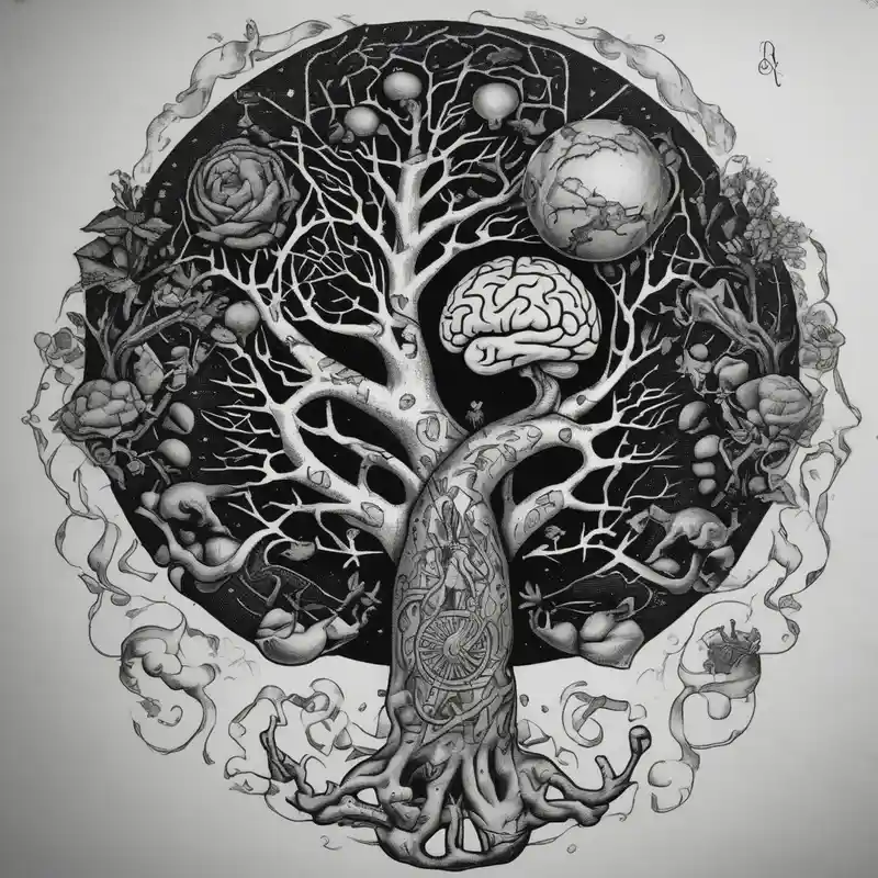 Micro realism tattoo design featuring the helix merging into the tree of life. With my zodiac sign libra holding the brain – Blackwork, Couleurs vives