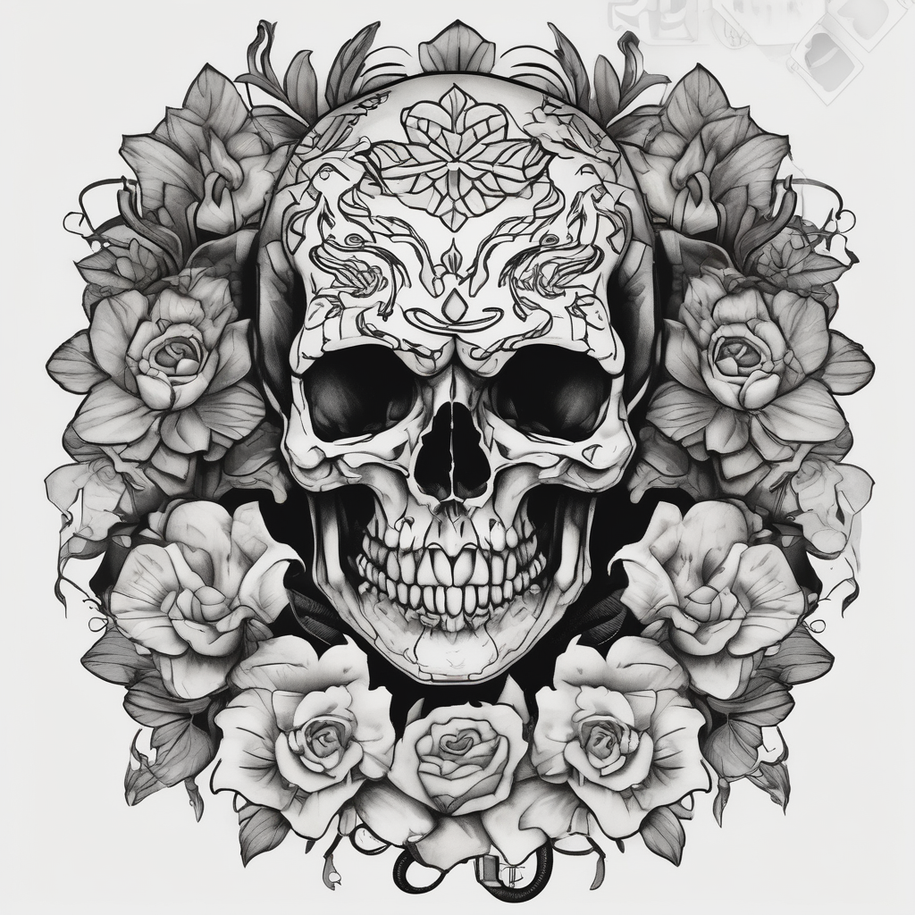 Skull with flowers and snakes snake-tattoo-ideas-for-guys, AI-generated Blackwork tattoo design
