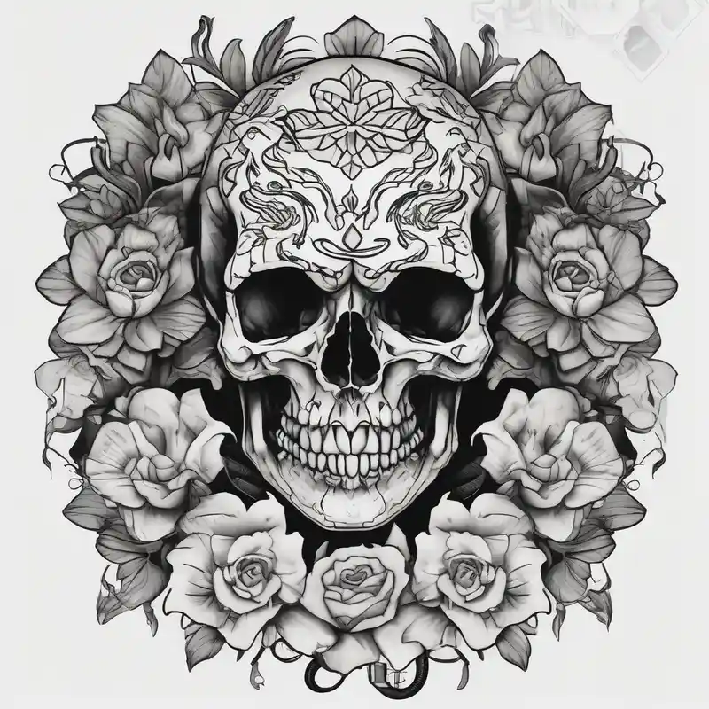 Skull with flowers and snakes – Blackwork, Vibrant color