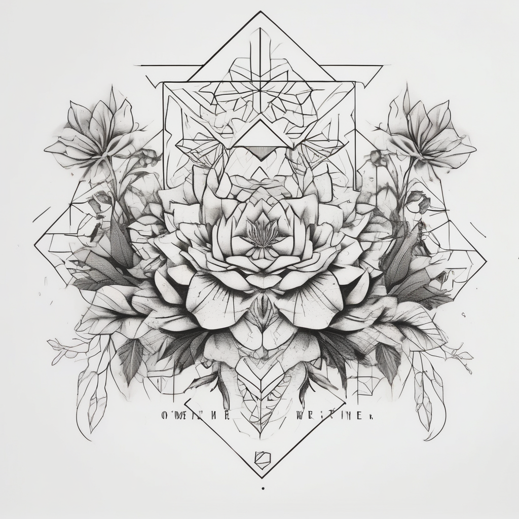 fine line flowers surrrounded by greenary with powerful words some where in the tattoo more minimalist snake-tattoo-ideas-for-guys, AI-generated Geometric tattoo design