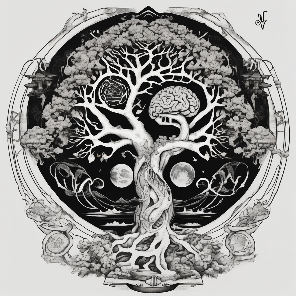 Micro realism tattoo design featuring the helix merging into the tree of life. With my zodiac sign libra holding the brain and heart on each side of the scale with the heart out weighing the brain snake-tattoo-ideas-for-guys, design de tatouage Japonais généré par IA