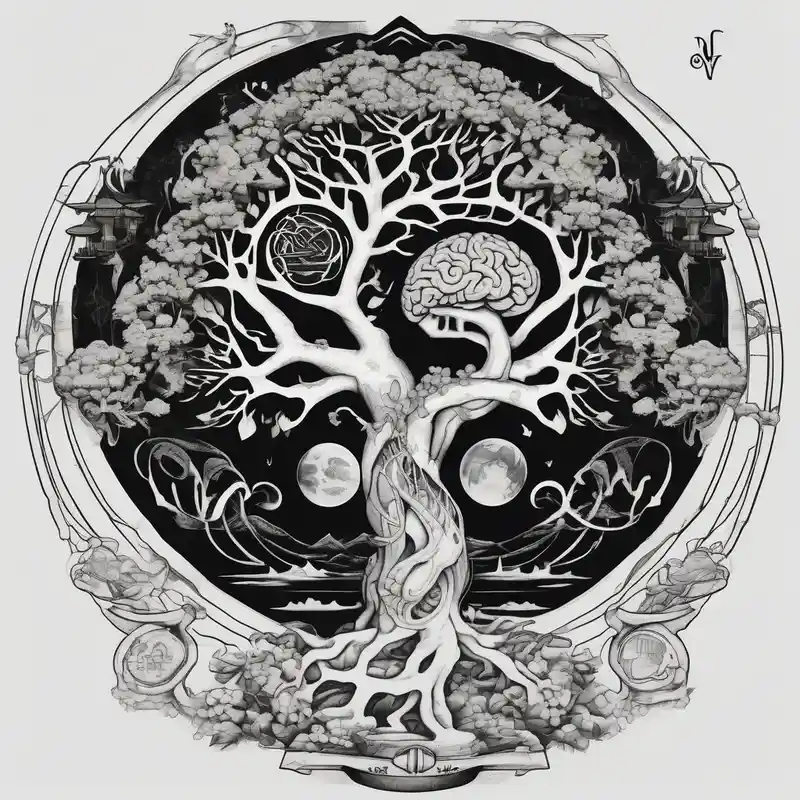 Micro realism tattoo design featuring the helix merging into the tree of life. With my zodiac sign libra holding the brain – Japonais, Noir et blanc