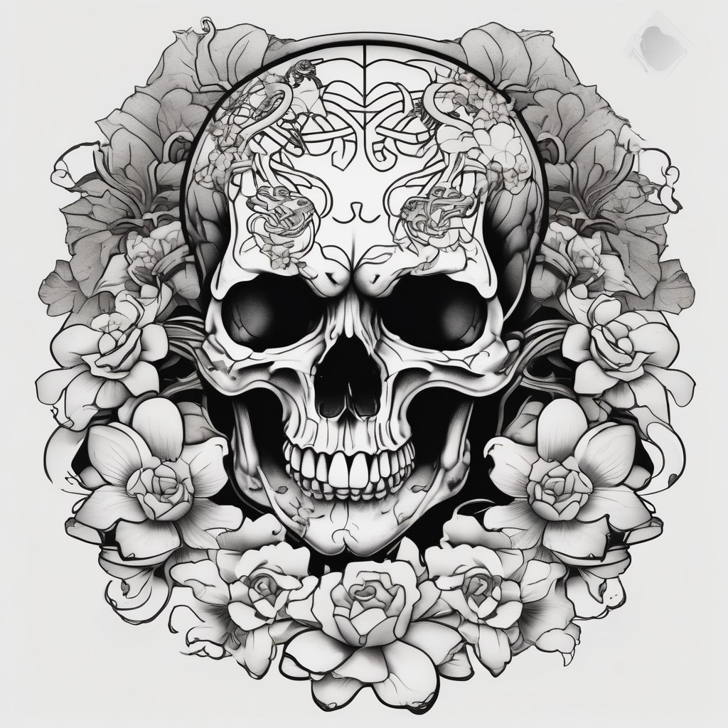 Skull with flowers and snakes snake-tattoo-ideas-for-guys, AI-generated Japanese tattoo design