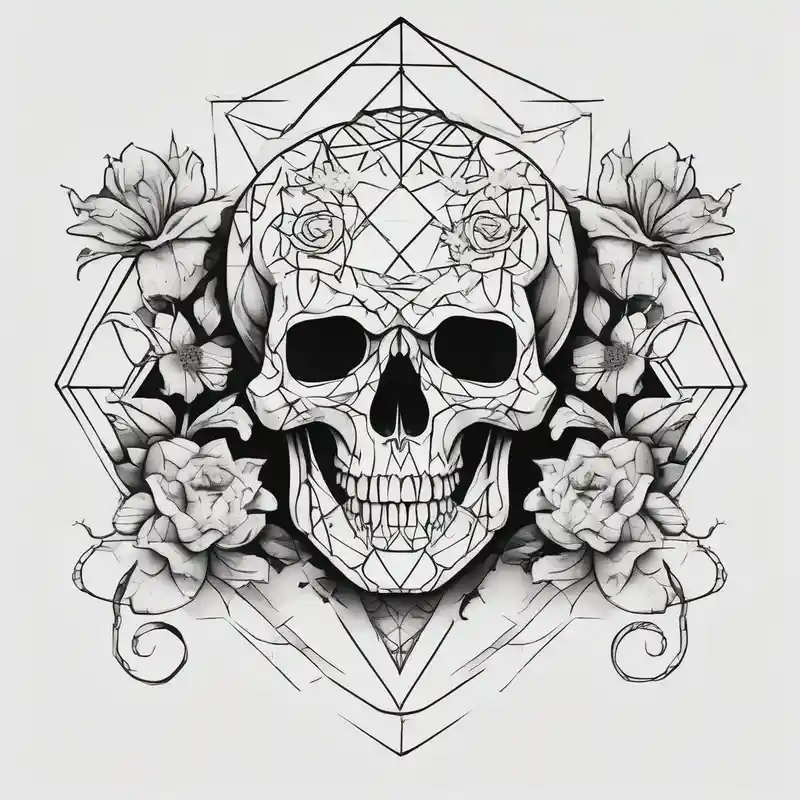 Skull with flowers and snakes – Geometric, Black and white